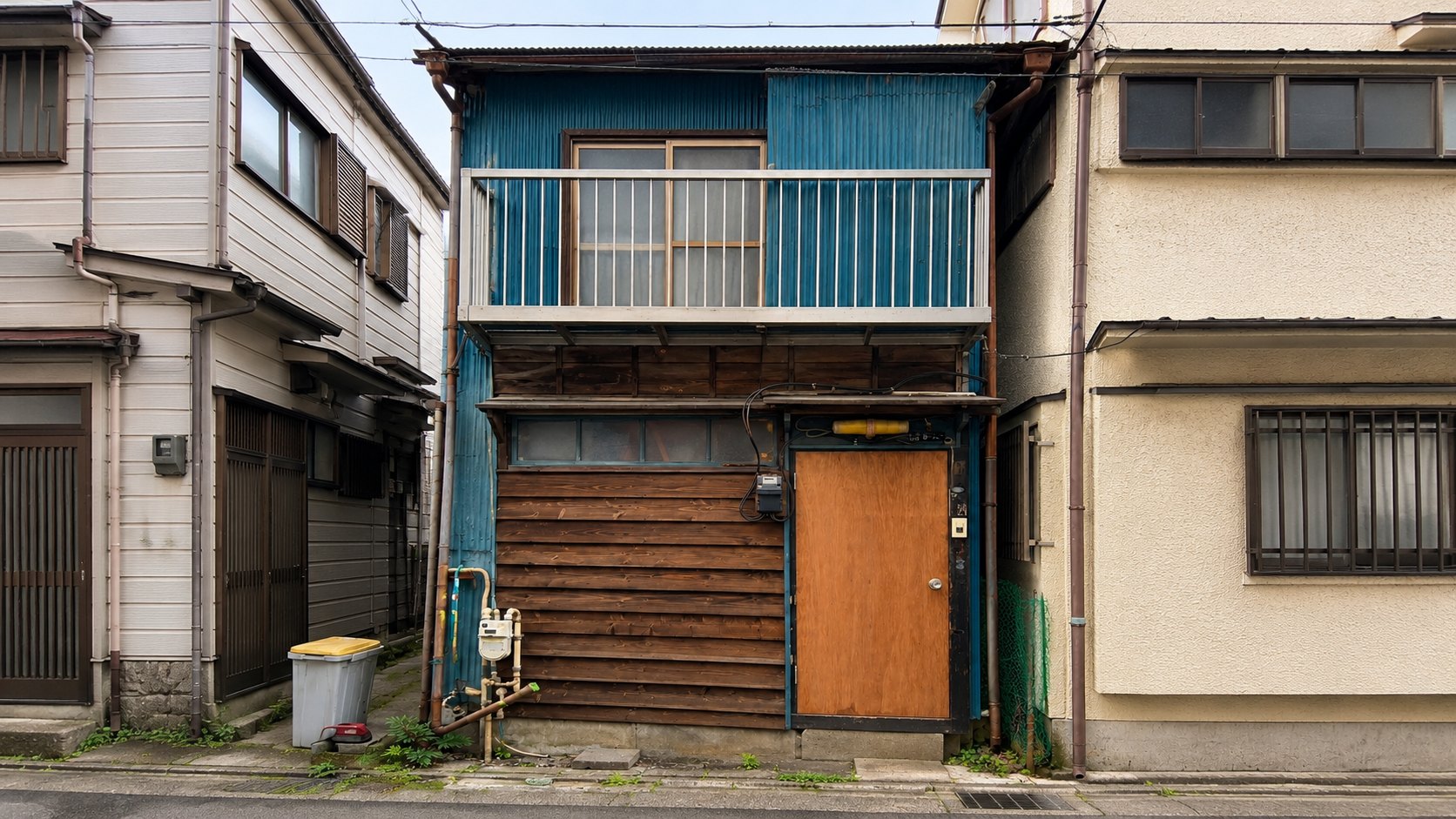 施工前の青いトタンの長屋